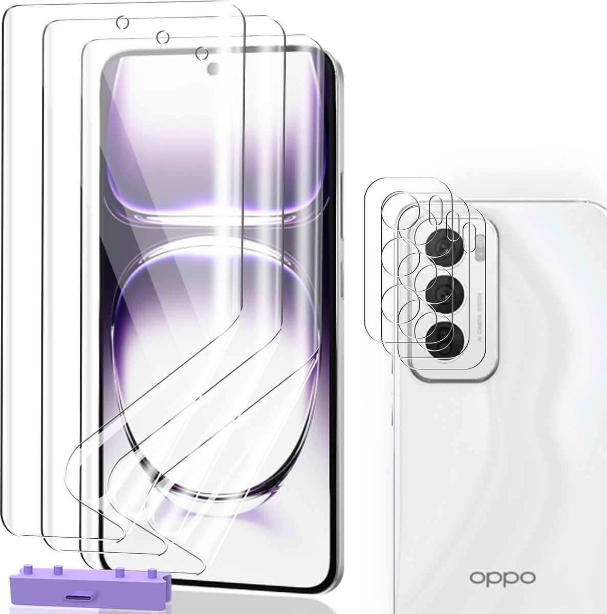 Displaybeschermfolie voor OPPO Reno 12 5G, 3 stuks TPU flexibel [geen gehard glas] + 3 stuks camerabescherming, HD Clear krasbestendige folie, displaybescherming