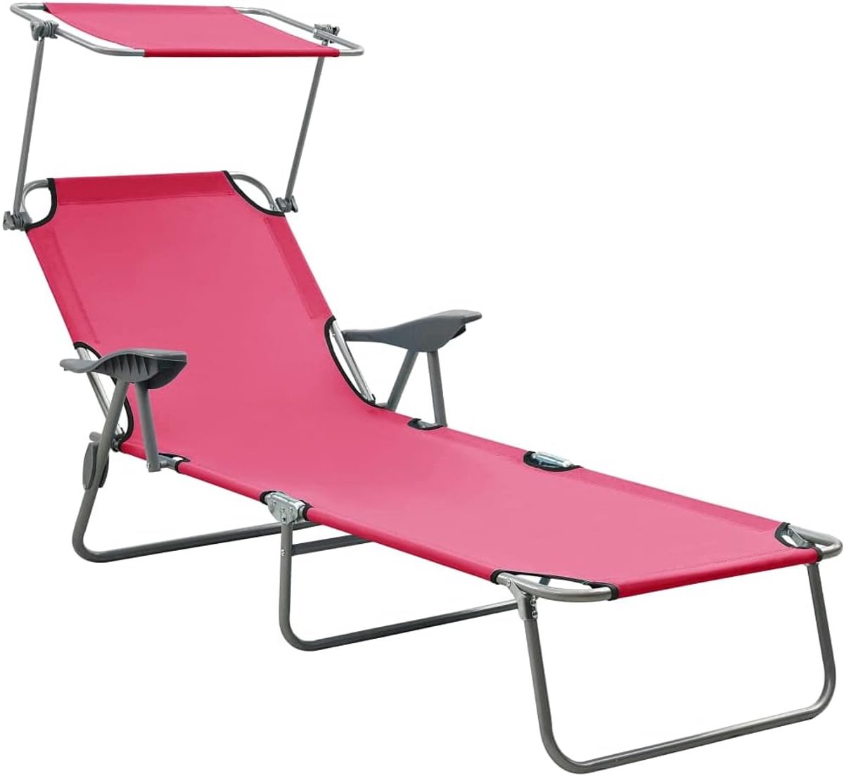 Ligstoel met verstelbaar zonnedak en rugleuning van robuust gepoedercoat staal, opvouwbare ligstoel voor strand en terras, weerbestendige ligstoel
