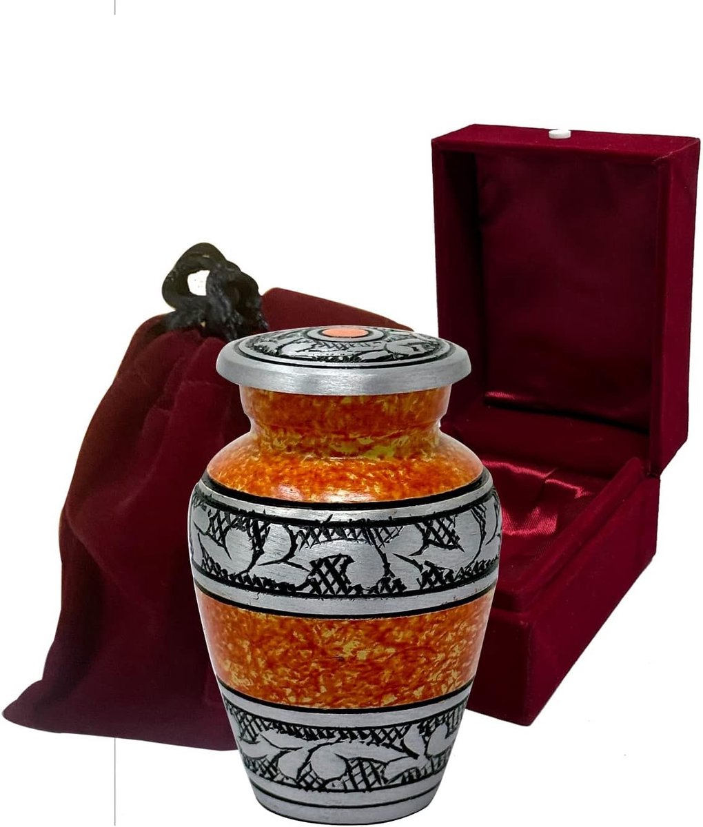 Keepsake Urn voor As - Solid Metal Roest Oranje Token Urn - Classic Sunset Orange Mini Urn met zilveren band - Betaalbare Minature Urn met fluwelen tas (1, Kleine Keepsake Qty. 1)
