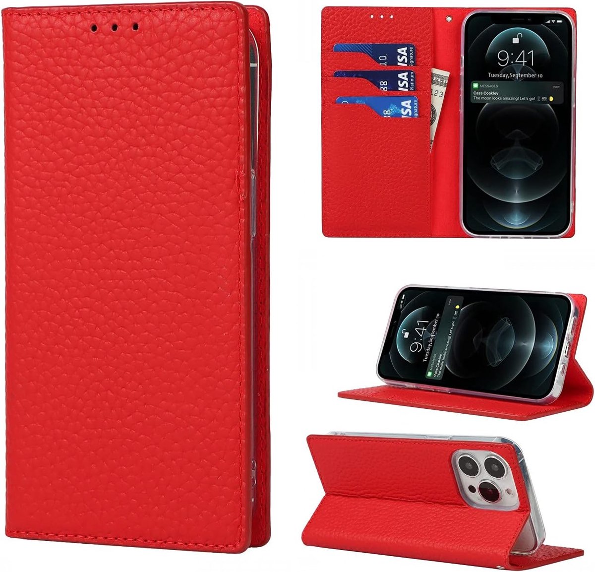 Beschermhoesje compatibel met iPhone 13 Pro Max, beschermhoes met trekkoord, flip wallet van echt leer, 3 kaartsleuven, magnetisch, RFID-blokkering, met omhangkoord, rood