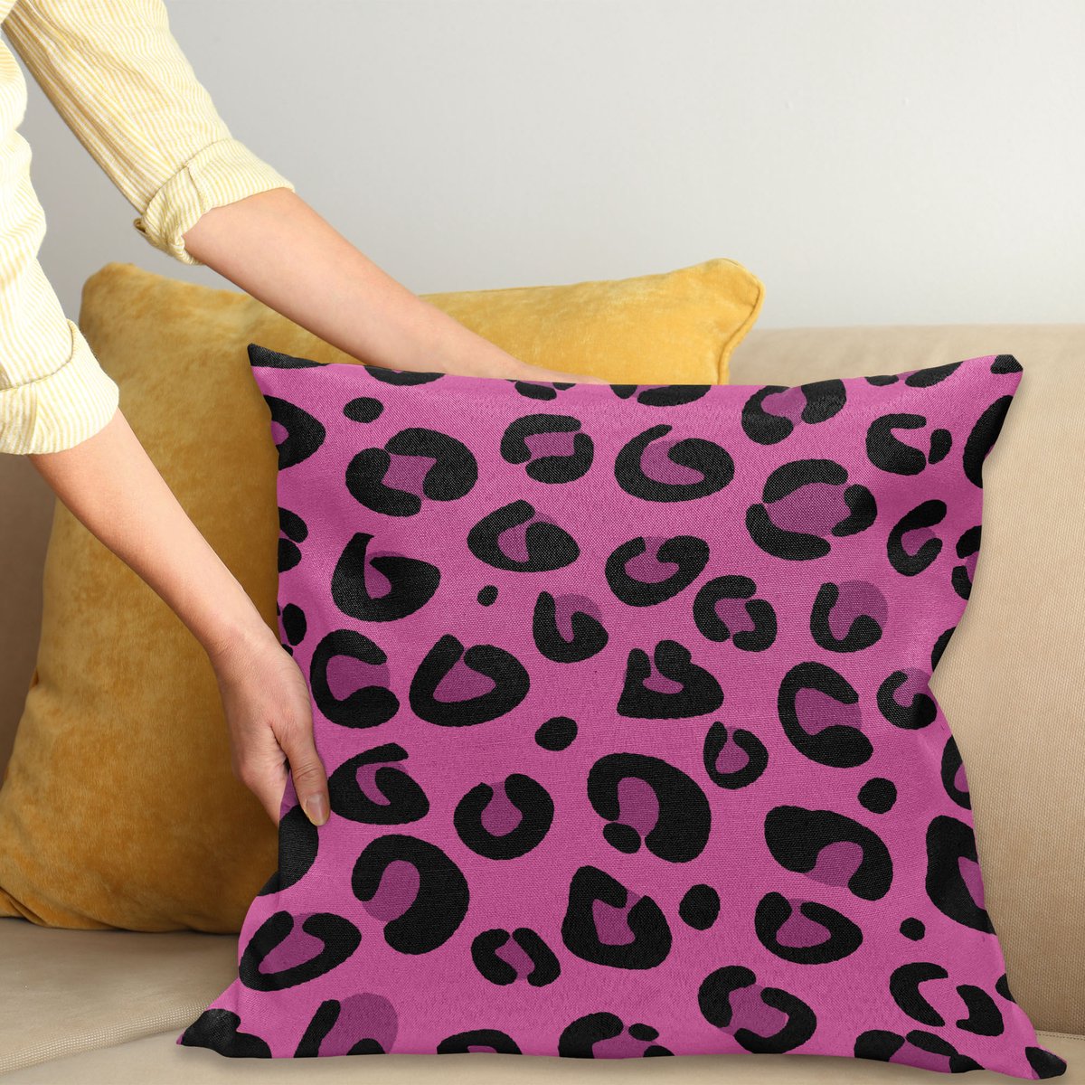 ABAKUHAUS Warm Roze Kussenhoes, Leopard Tierhaut, Kussenhoes zonder Binnenkussen, met Ritssluiting, Dubbelzijdige Print, Wasbaar, 60 x 60 cm, Zwart Roze