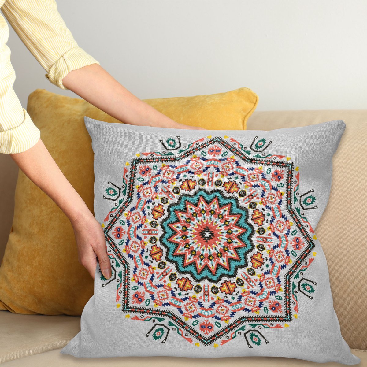ABAKUHAUS Tribal Kussenhoes, Abstract Zon Aztec Stijl, Kussenhoes met Dubbelzijdig Patroon, Heldere Digitale Print, Kleurecht, met Ritssluiting, 45 x 45 cm, Turquoise en Koralle