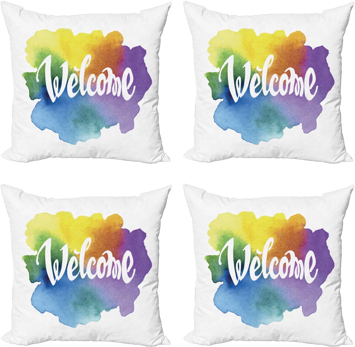 ABAKUHAUS Herzlich willkommen Sierkussen Kussenhoes 4er Set, Aquarel Vintage Stijl, Modern Accent Dubbelzijdige Digitale Print, 60 x 60 cm, Meerkleurig