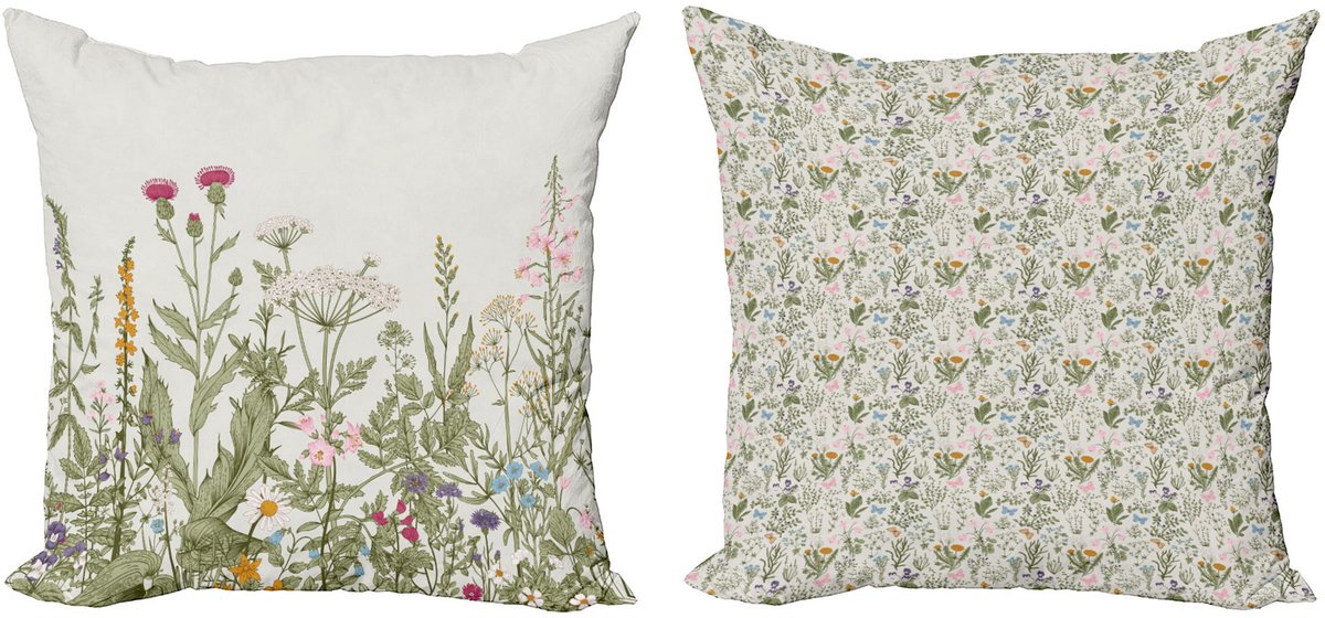 ABAKUHAUS Vintage Sierkussenhoes Set van 2, Feld Kräuter en Bloemen, Modern Accent Dubbelzijdige Digitale Print, 40 x 40 cm, Eierschaal en Meerkleurig