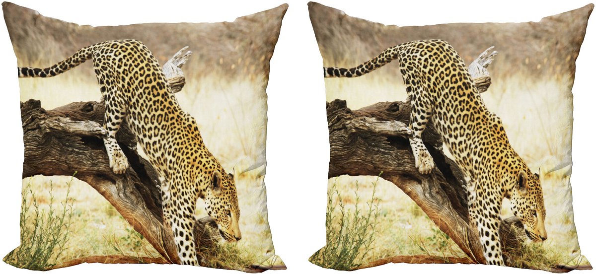 ABAKUHAUS Exotisch Sierkussenhoes Set van 2, Leopard-Wild Kat op Boom, Modern Accent Dubbelzijdige Digitale Print, 40x40, Geel Groen Bruin