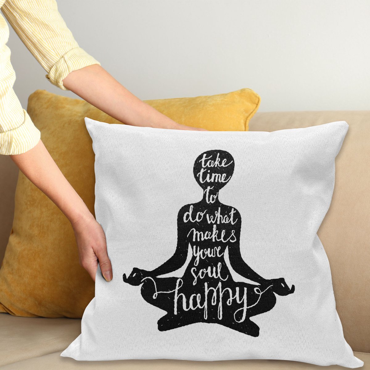 ABAKUHAUS Yoga Kussenhoes, Silhouet met Schreiben, Kussenhoes zonder Binnenkussen, met Ritssluiting, Dubbelzijdige Print, Wasbaar, 45 x 45 cm, Zwart en Wit