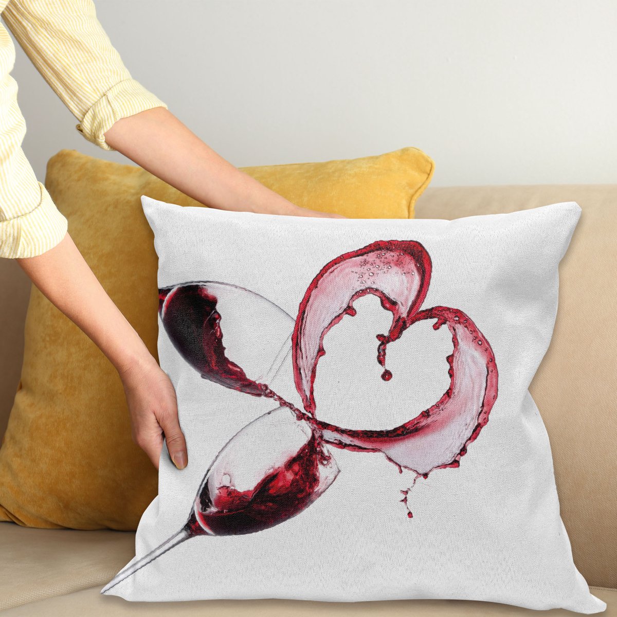 ABAKUHAUS Wein Kussenhoes, Herzform Spilling Wine, Kussenhoes zonder Binnenkussen, met Ritssluiting, Dubbelzijdige Print, Wasbaar, 45 x 45 cm, Bordeauxrot Wit Roze