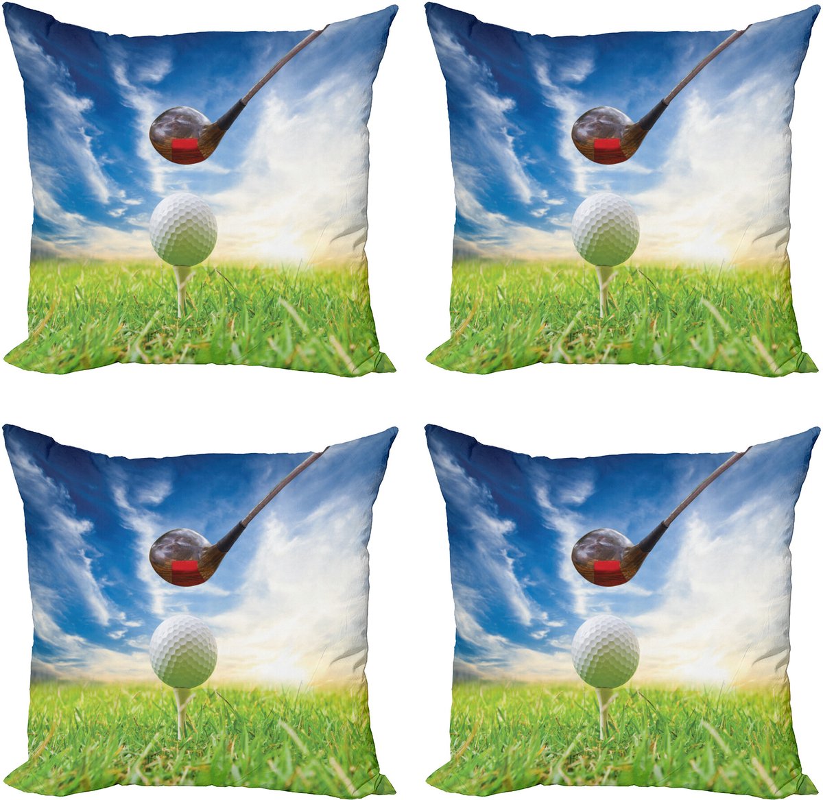ABAKUHAUS Sport Sierkussen Kussenhoes 4er Set, Golf Club en Ball, Modern Accent Dubbelzijdige Digitale Print, 40 x 40 cm, Groen Blauw