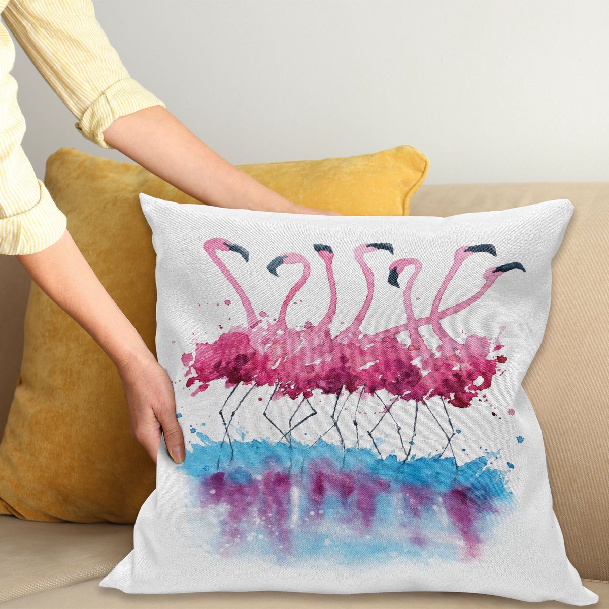ABAKUHAUS Flamingo Kussenhoes, Flamingo en Vogel, Wasbare Sierkussenhoes voor Binnen/Buiten, Dubbelzijdige Print met Ritssluiting, 45 x 45 cm, Blauw Lila Roze