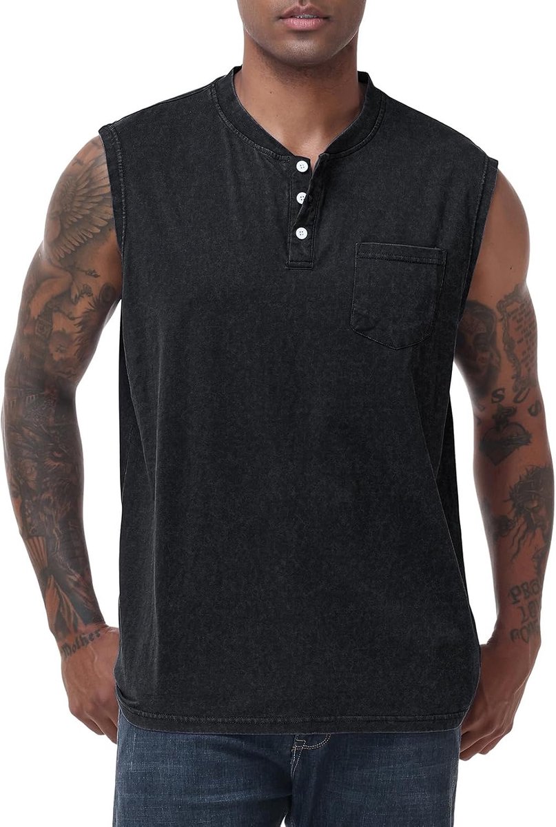 Tanktop voor heren, mouwloos, spiershirts, knoopsluiting, gym, sport, onderhemd, functioneel shirt, henley tanktop met zak