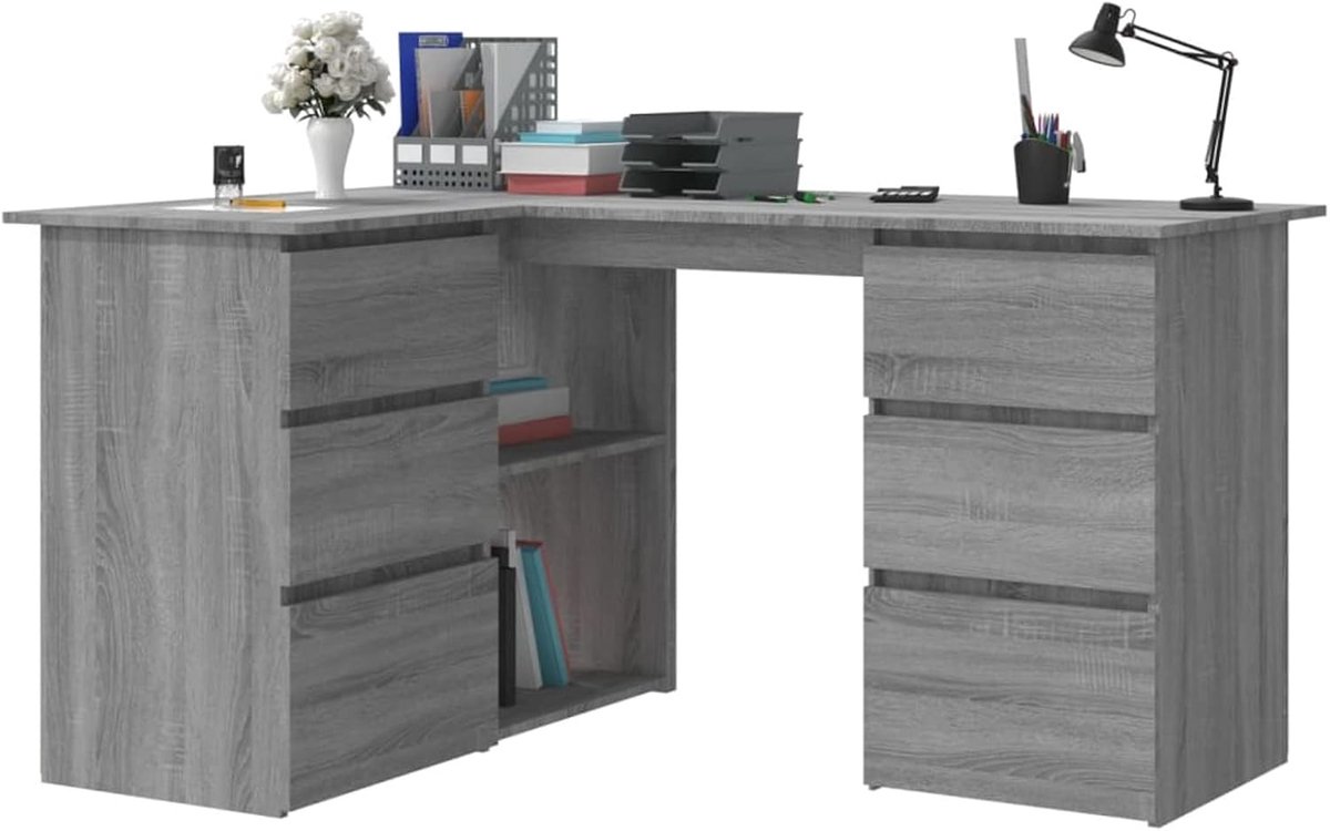 Hoekbureau, schrijfbureau, met boekenplank en lade, computerbureau, schrijftafel, werkplek, studiebureau, voor thuiskantoor, grijs, sonoma, 145 x 100 x 76 cm