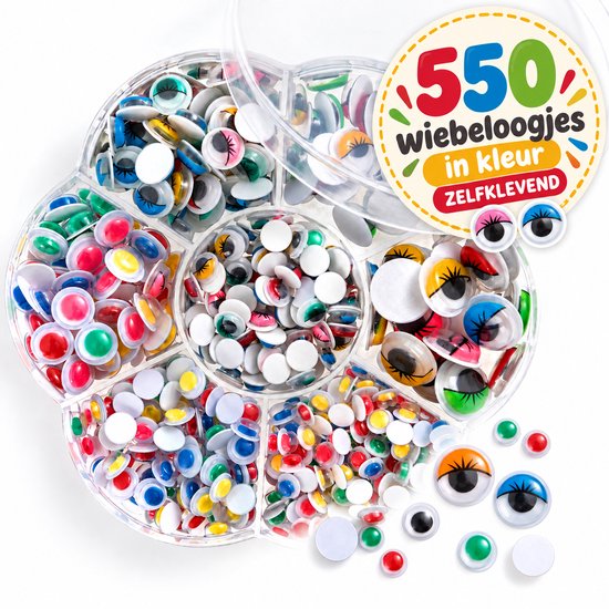 Une boîte ronde et transparente contenant 550 yeux mobiles auto-adhésifs de différentes couleurs et tailles.