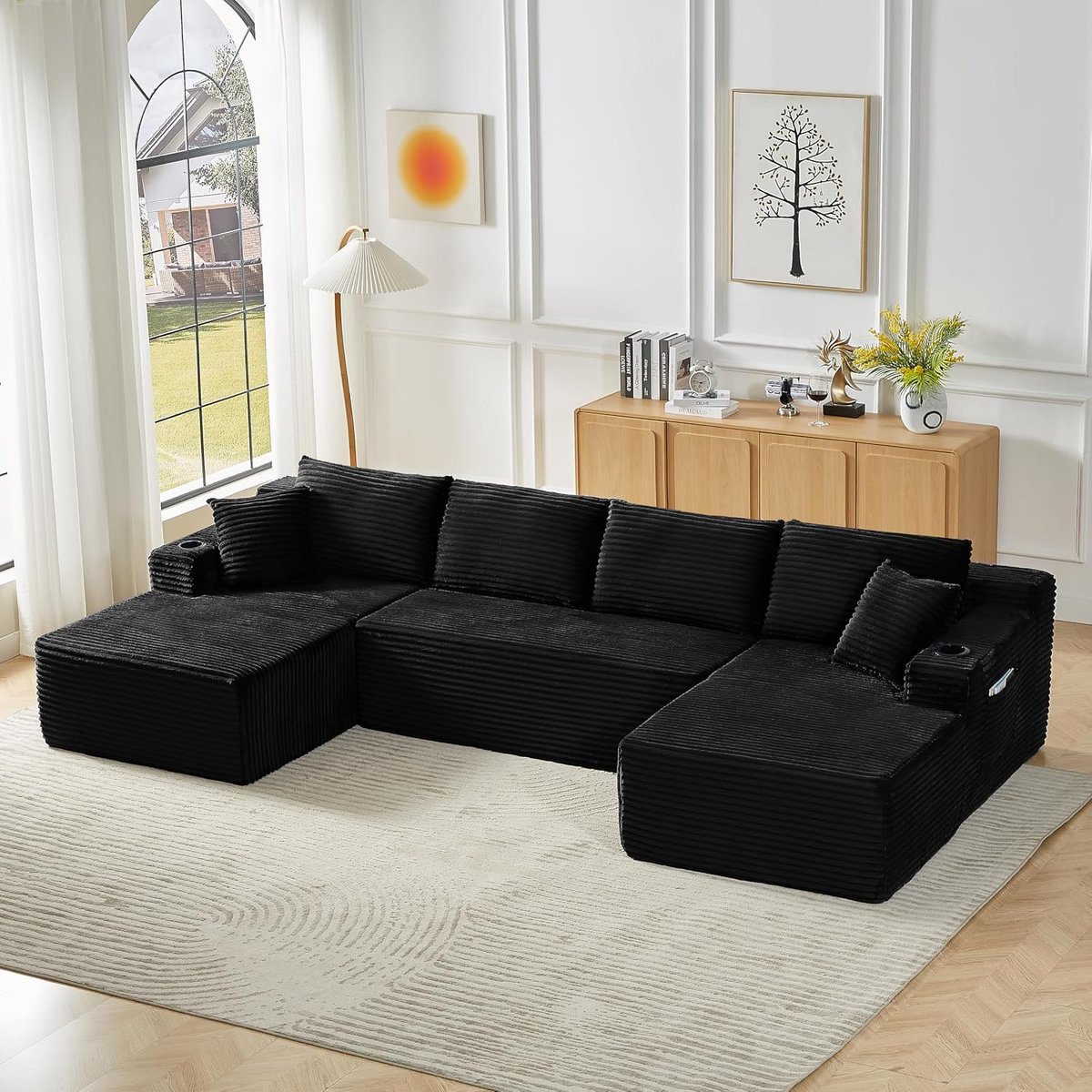 Modulaire corduroy sofa 4-zits U-vormige hoekbank slaapbank zwart