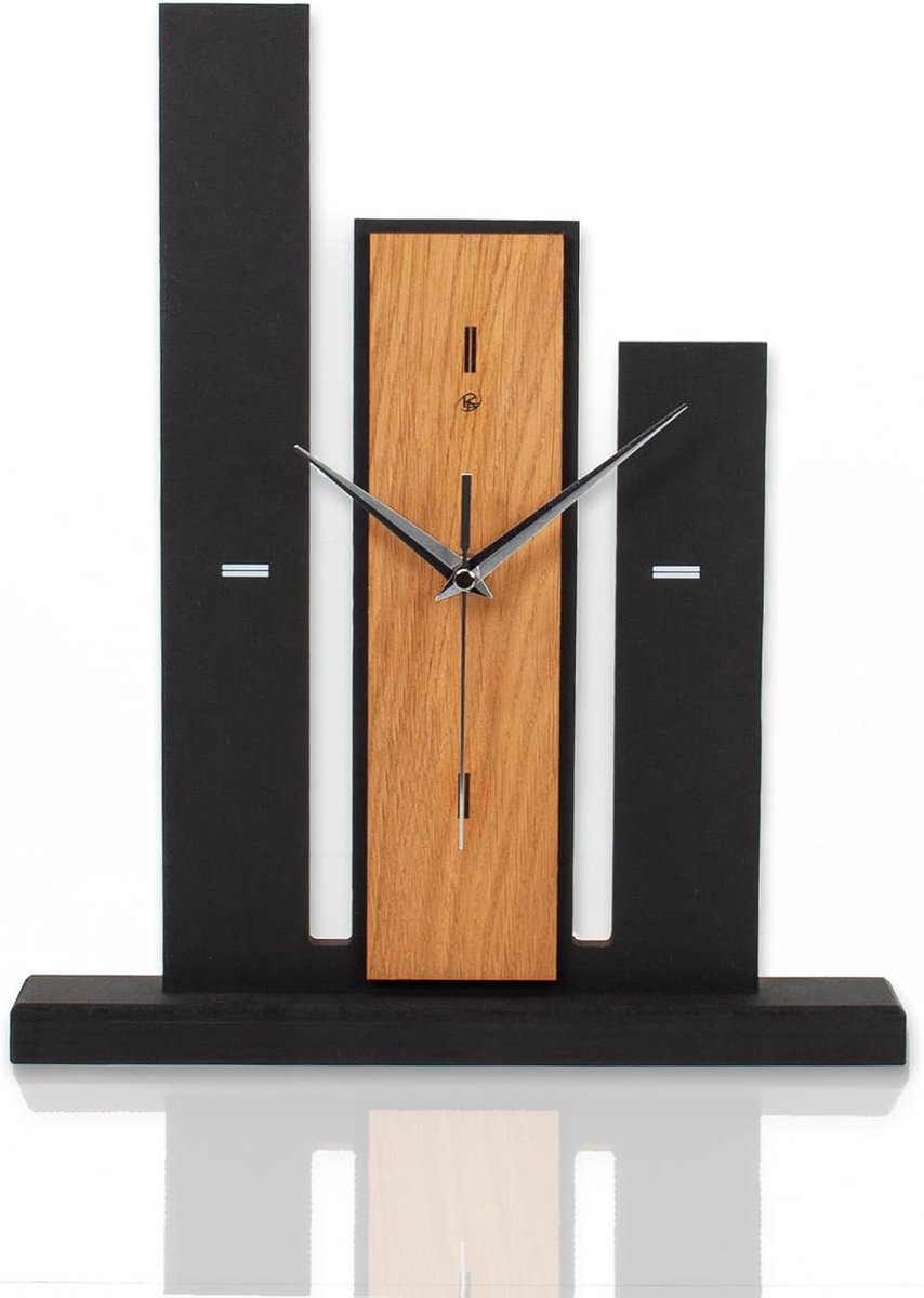 Feder Designer staande klok "Brown Stairs" van hout – zwarte tafelklok in moderne look zonder tikken (bruine stairs, stil radiouurwerk)