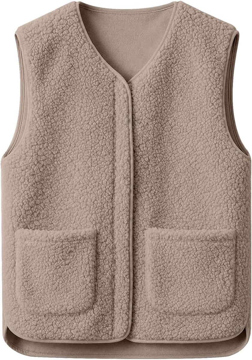 Teddy Damesvest, mouwloos, fleecejas, zacht, warm, jas, herfst, winter, effen, V-hals, jas met ritssluiting, chique, sherpa-jassen, outwear waistcoat met zakken