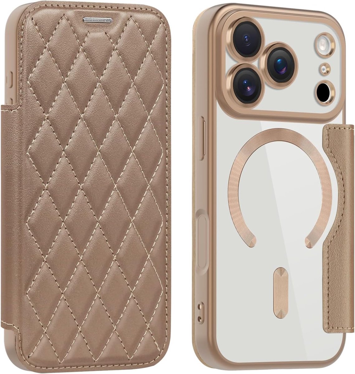 hoesje voor iPhone 17 Pro, opvouwbaar hoesje van PU-leer met kaarthouder en RFID-bescherming, ondersteunt draadloos opladen, camerabescherming, transparant hoesje voor iPhone 17 Pro