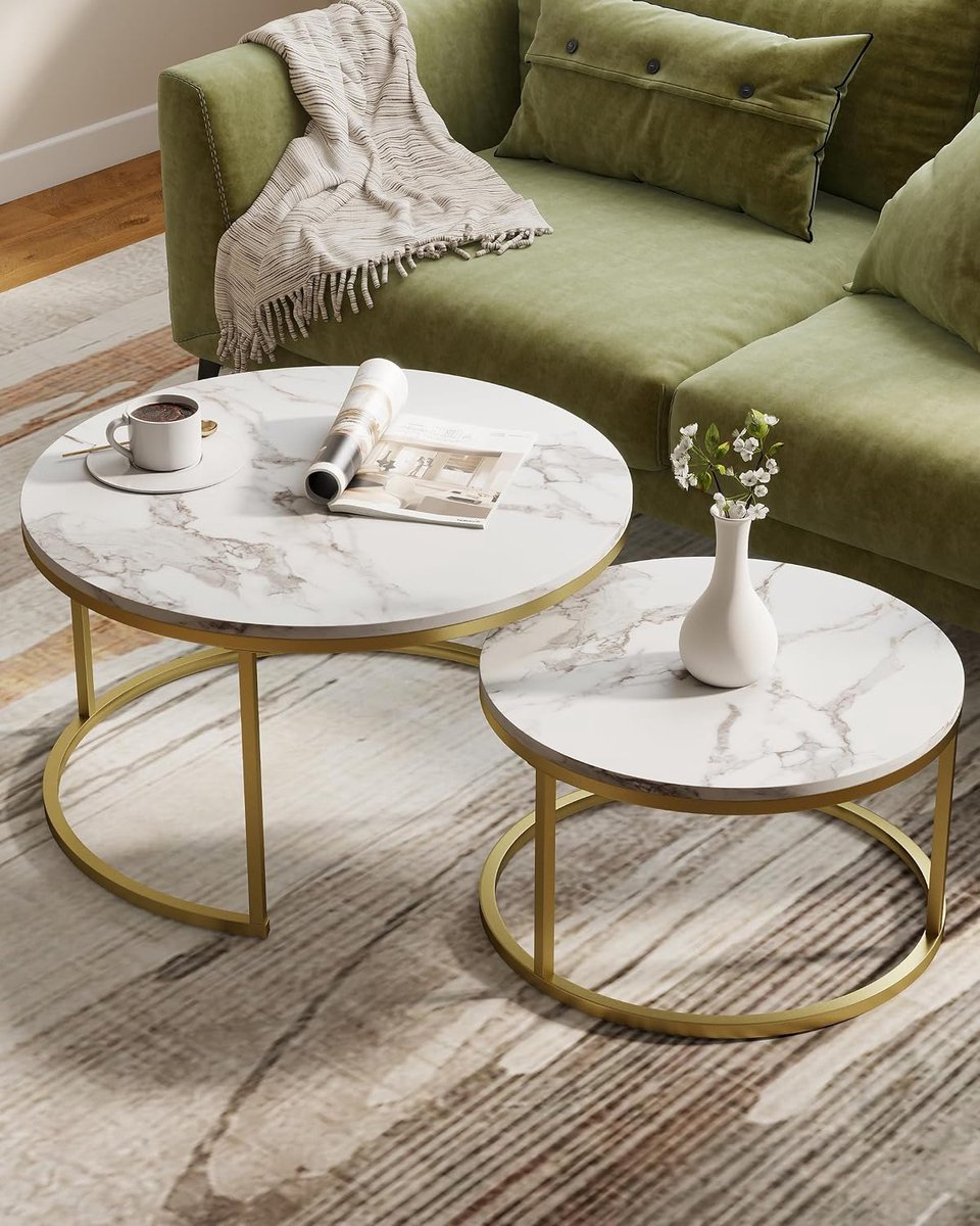 Salontafel Set van 2 Goud, Uittrekbare Tafels Ø80 en 60 cm, MDF Plateau met Marmer Effect & Gouden Metalen Poten, Uittrekbare Tafels voor Moderne Salon