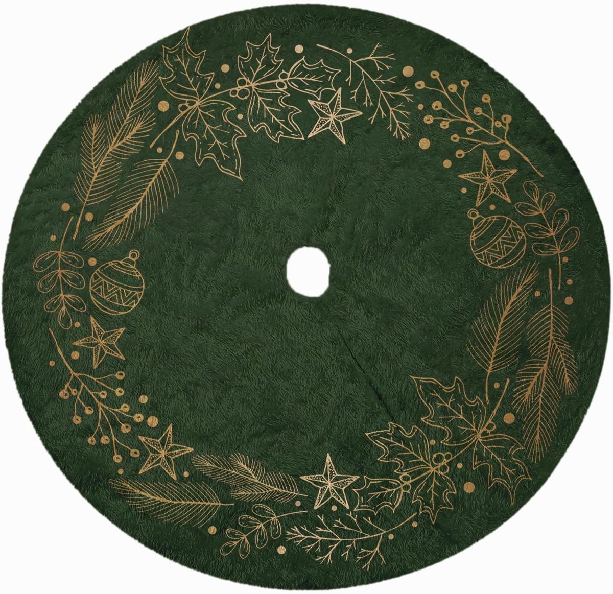 Kerstboomdeken Groot 150 cm Diameter Ronde Witte Pluche Polyester Minky Kerstdecoratie Boomdeken Pad met Velcro Sluiting Groen/Geel Laurierkrans