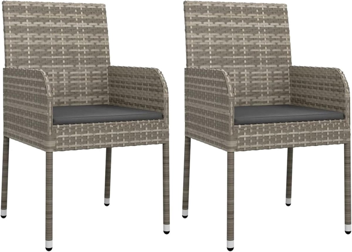 2 stuks tuinstoelen met kussen, rotan stoel, eetstoel, rotan stoelen, tuinmeubelen, stoel, tuin, rotan meubels, rotan stoel, poly rotan, grijs