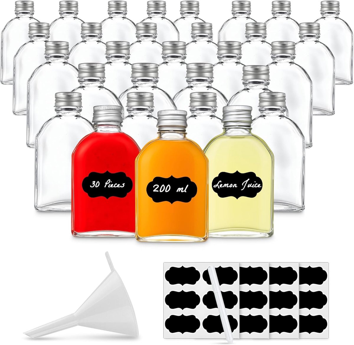 Flessen, 30 x 200 ml, zak likeurflessen met schroefdop, 200 ml wijnfles, jeneverfles azijn, olie, fles om te vullen, 0,2 liter (30 x 200 ml)