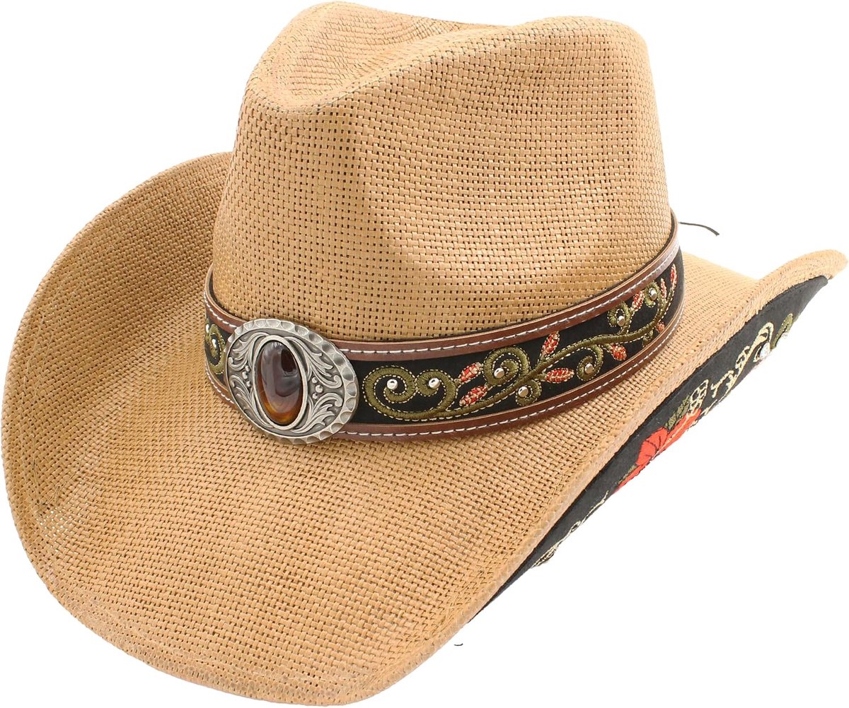 Cowboy/Cowgirl Sterke Panama-hoed, Texas-hoed, geborduurd, gebloemd, uniseks, eenheidsmaat voor heren en dames, LM10748 Bruin, 60 cm