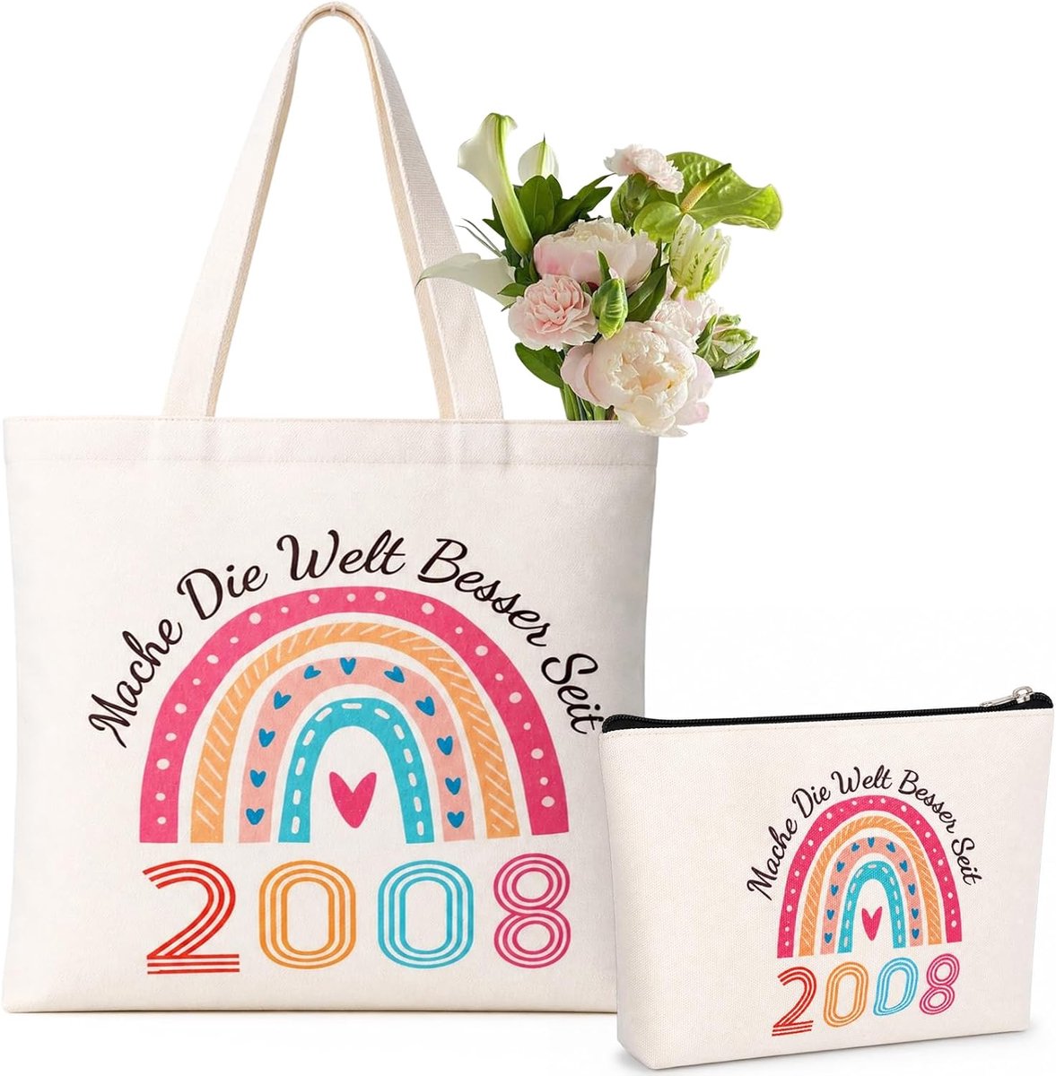 2 stuks cadeau voor de 18e verjaardag voor vrouwen, katoenen gepersonaliseerde draagtassen, cosmeticatas met regenboog, grappig 18e voor vrouwen, zus, vriendin