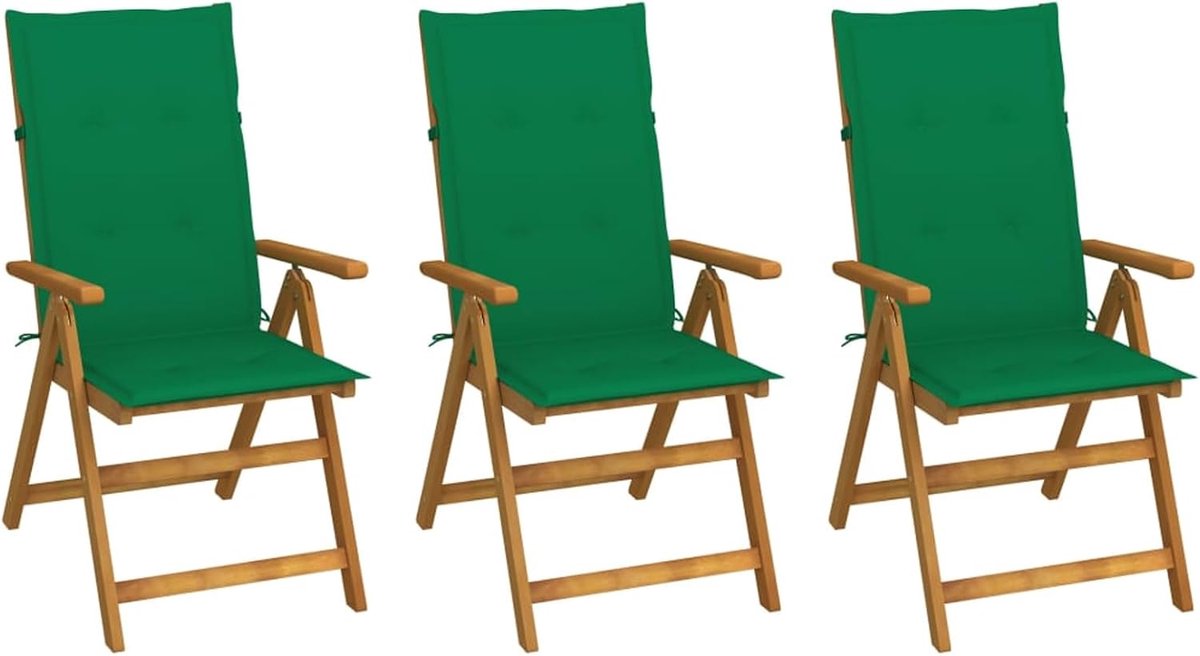 Inklapbaar, 3 stuks, met kussens, massief acaciahout, olifineerd, groene polyester bekleding, 120 x 50 x 3 cm, outdoor zitgroep