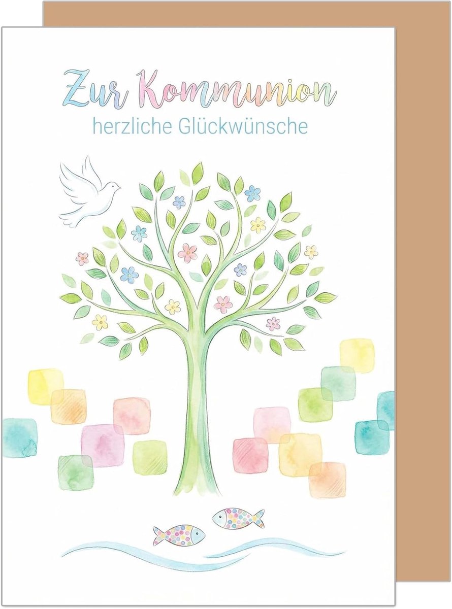 Seidel Premium wenskaart voor communie met envelop. communiekaart kaart wenskaart spreuk spreuken meisjes jongen jeugd boom bladeren kleurrijk natuur (KO361 SW026)