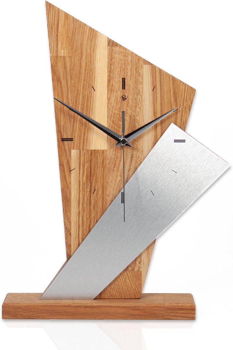 Feder Designer staande klok "Brown Square" van massief hout – tafelklok in moderne metallic look zonder tikken (stil kwartsuurwerk, eiken)