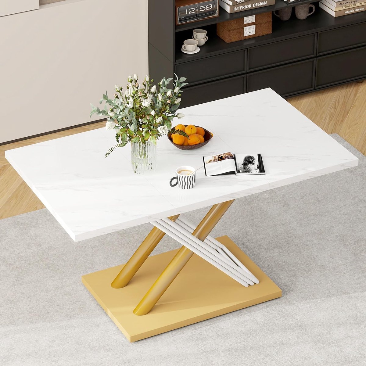 Eettafel, wit, voor 4 personen, met marmerlook, verstelbare poten, moderne keukentafel voor eetkamer en keuken