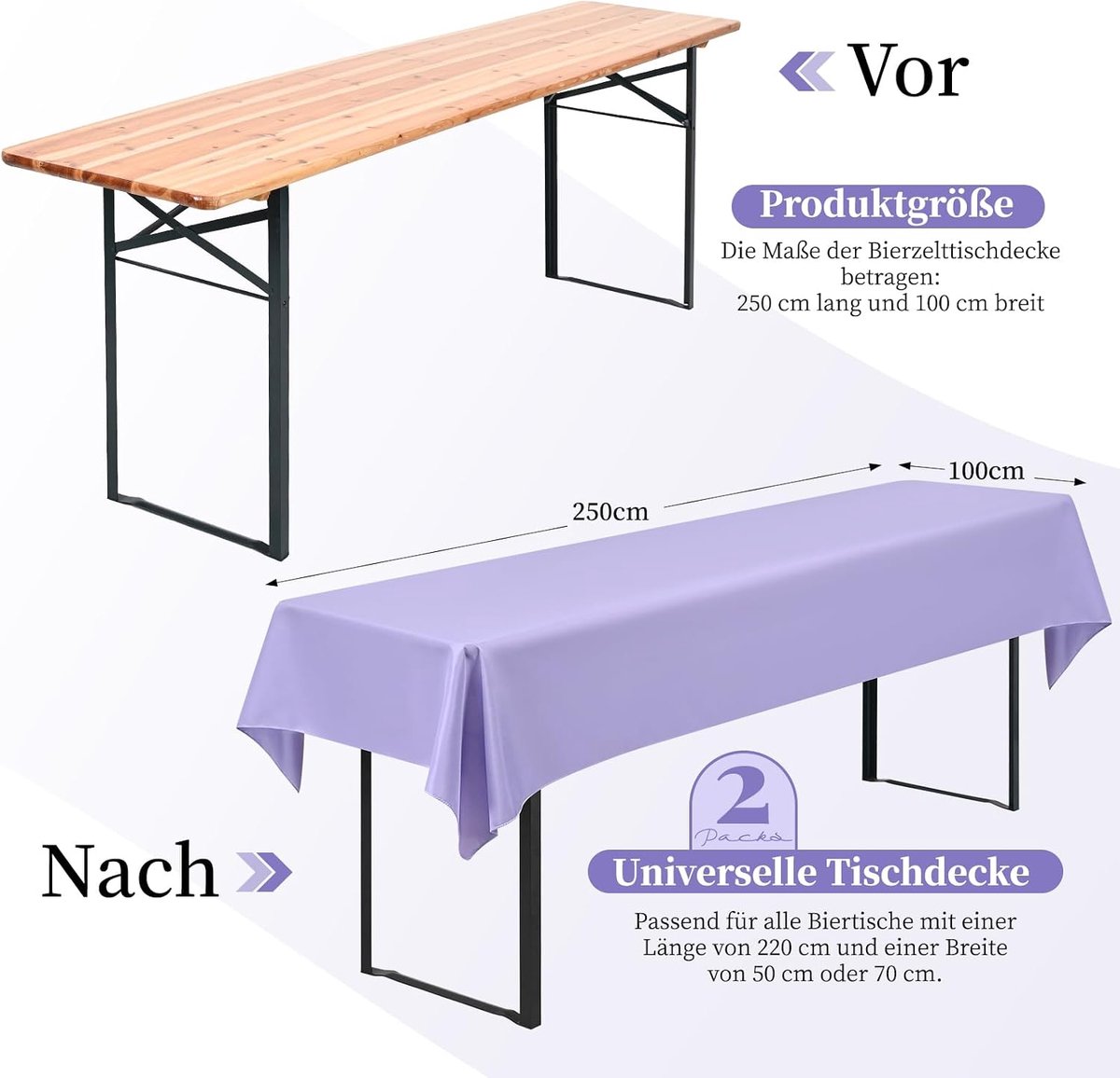 2-pack premium biertafeltafelkleed universeel voor 50 cm en 70 cm biertafelhoezen 100x250 cm polyester rechthoekige tafelkleden (lavendel)