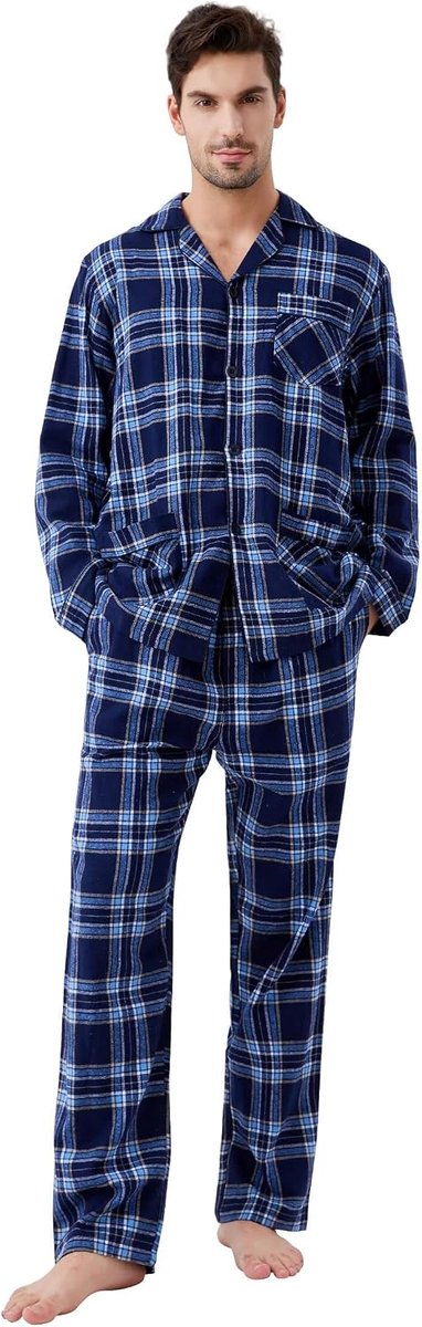 Pyjamaset voor heren van 100% katoenen flanel, geverfd garen, comfortabel, broek met zakken, tailleband met trekkoord, winterpyjama voor heren