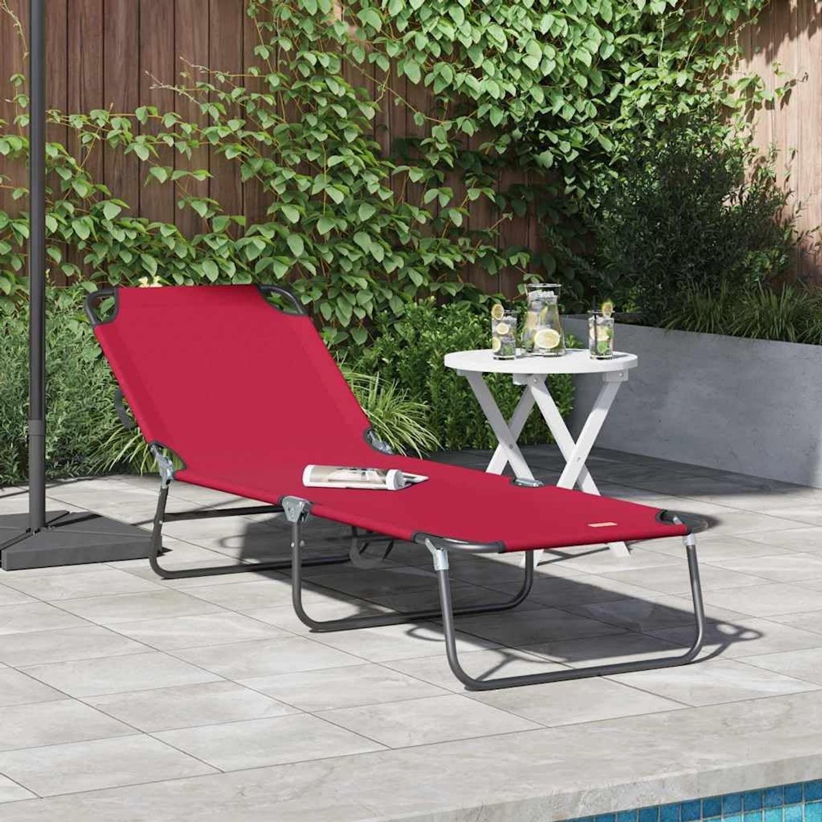 Zonnestoel, rood, 188 x 57 x 86,5 cm, van duurzaam polyester, met verstelbare rugleuning en opvouwbaar stalen frame, voor tuin en terras, comfortabel
