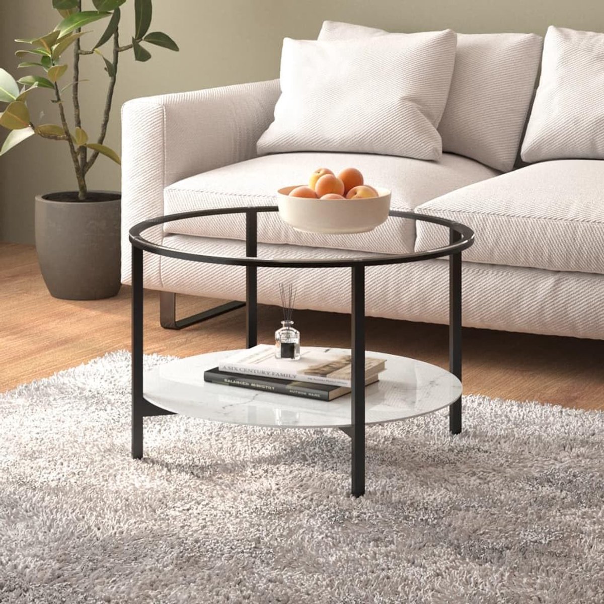 Salontafel voor de woonkamer, bijzettafel, bijzettafel, zwart en wit, marmerlook, 70 cm, gehard glas, voor kantoor, woonkamer, slaapkamer
