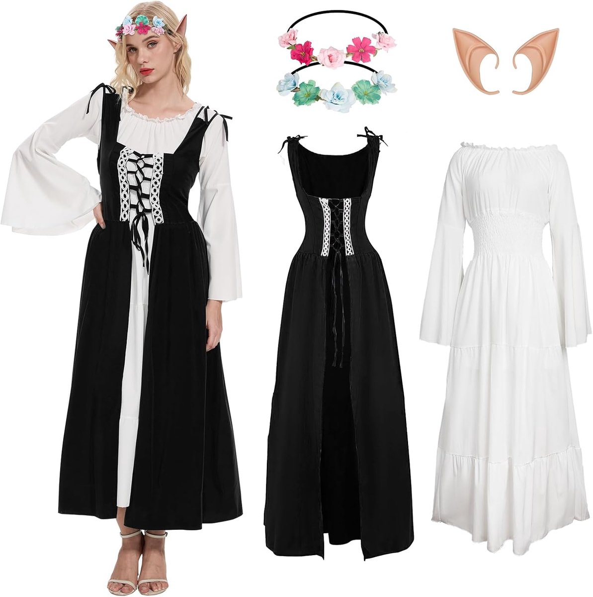 Kleding voor dames, renaissance-jurk met elfenoren, boselfen, hoofdtooi, Halloween, carnavalskostuum, dames