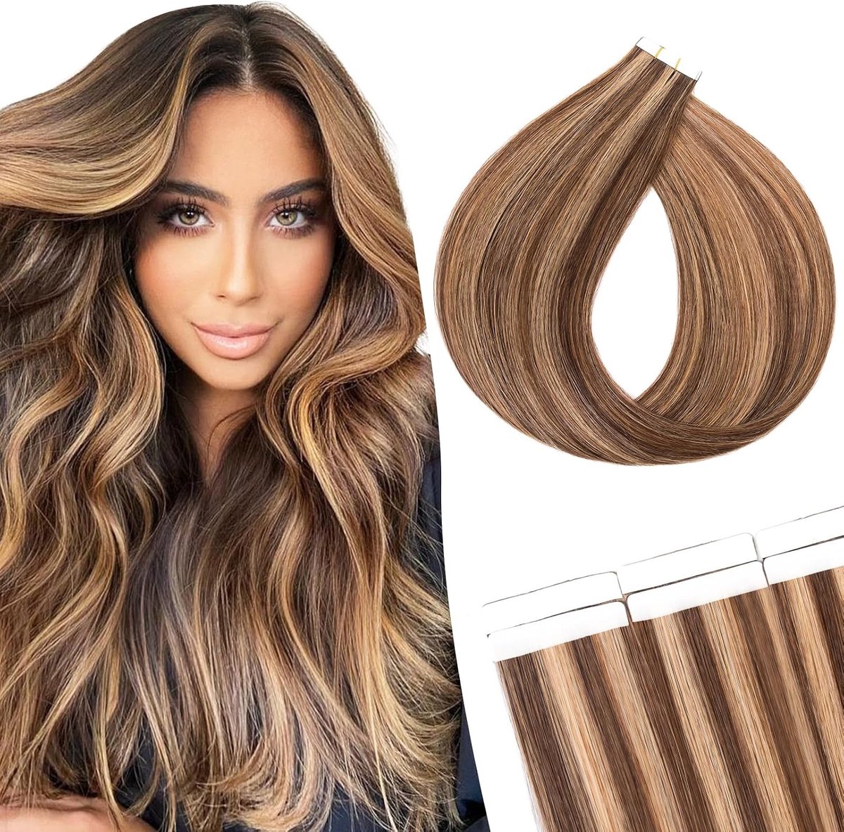 10 stuks tape-in extensies, natuurlijk haar, 55,8 cm, dunne plakstrips, menselijk plakband, met 5 reservebanden, chocolade met aardbeiblond, honing (15 g)