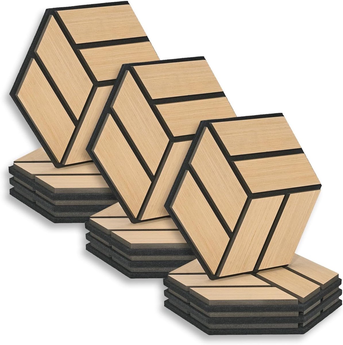 Zeshoekige akoestische platen, 12 stuks, 30 x 26 x 2 cm, natuur, wanddecoratie, geluidsisolatie, wandpanelen, geluidsisolatie wandtegels