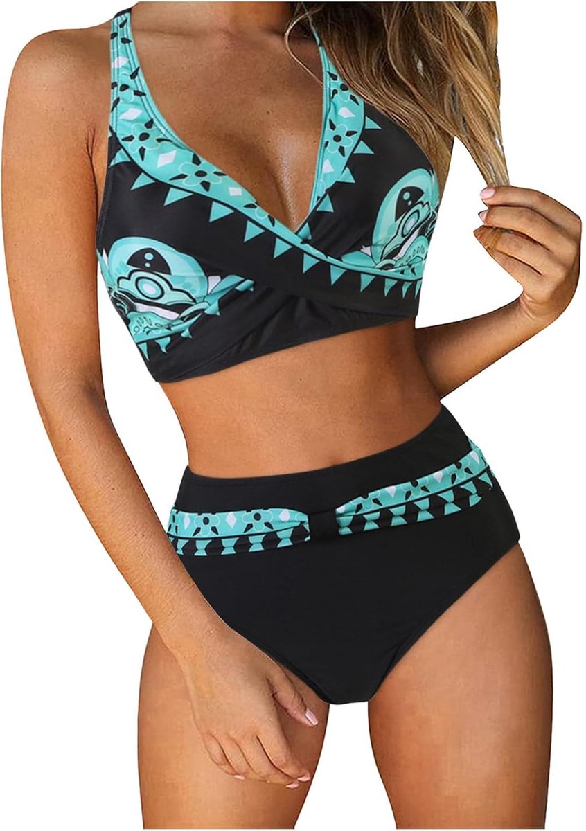 Tweedelige bikini, V-hals, kruismodel, bloemenprint, hoge taille