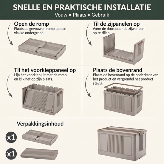 INDECOR Opbergbox 55 Liter met Deksel – Opvouwbare Opbergbox – Stapelbare Opbergkist – Voor Thuis, Garage, Camping & Camper – 56 × 32 × 32 cm – Taupe — afbeelding 3