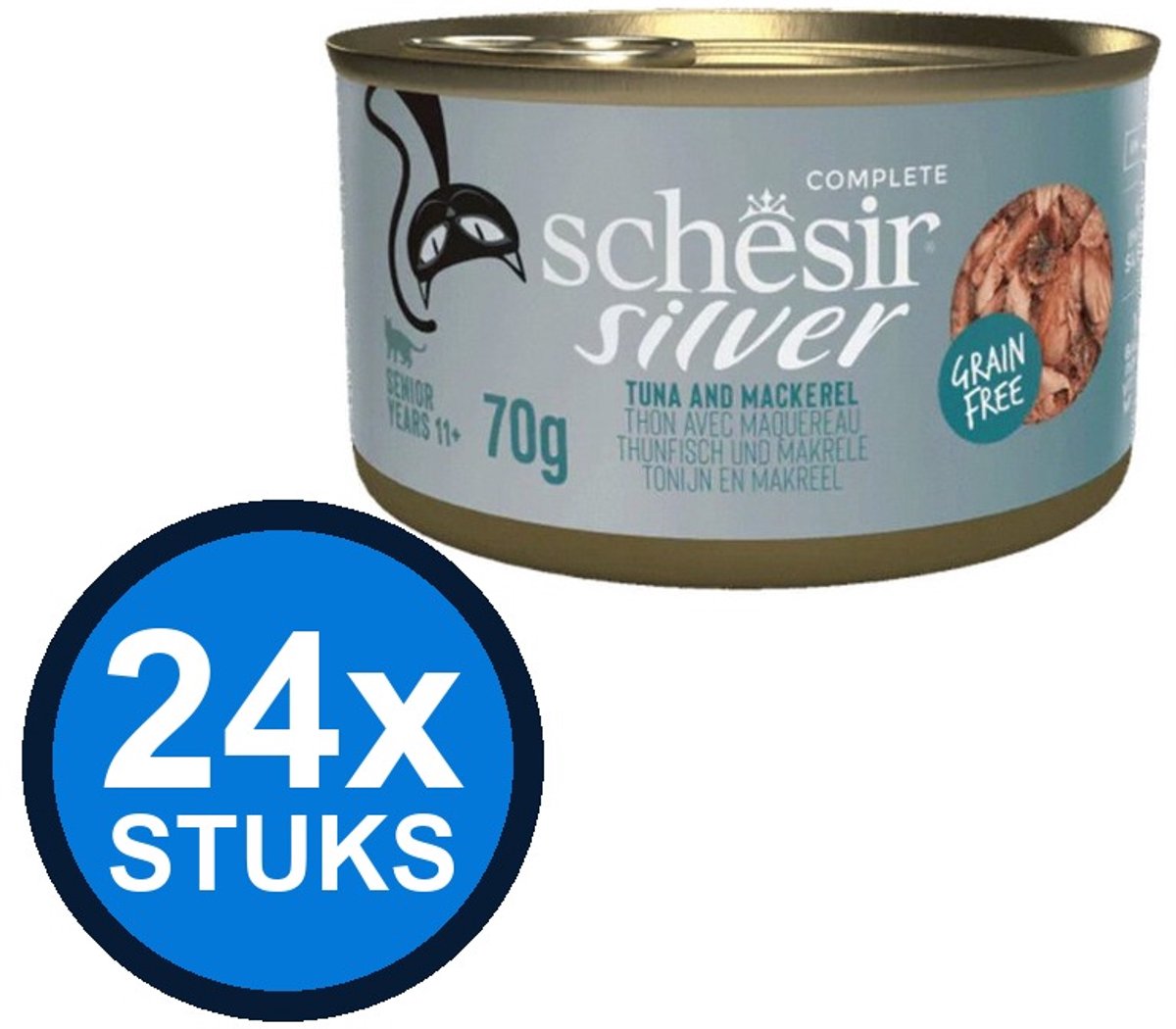 24x Schesir Silver Senior Bouillon - Tonijn & Makreel - Kattenvoer Natvoer - 70g