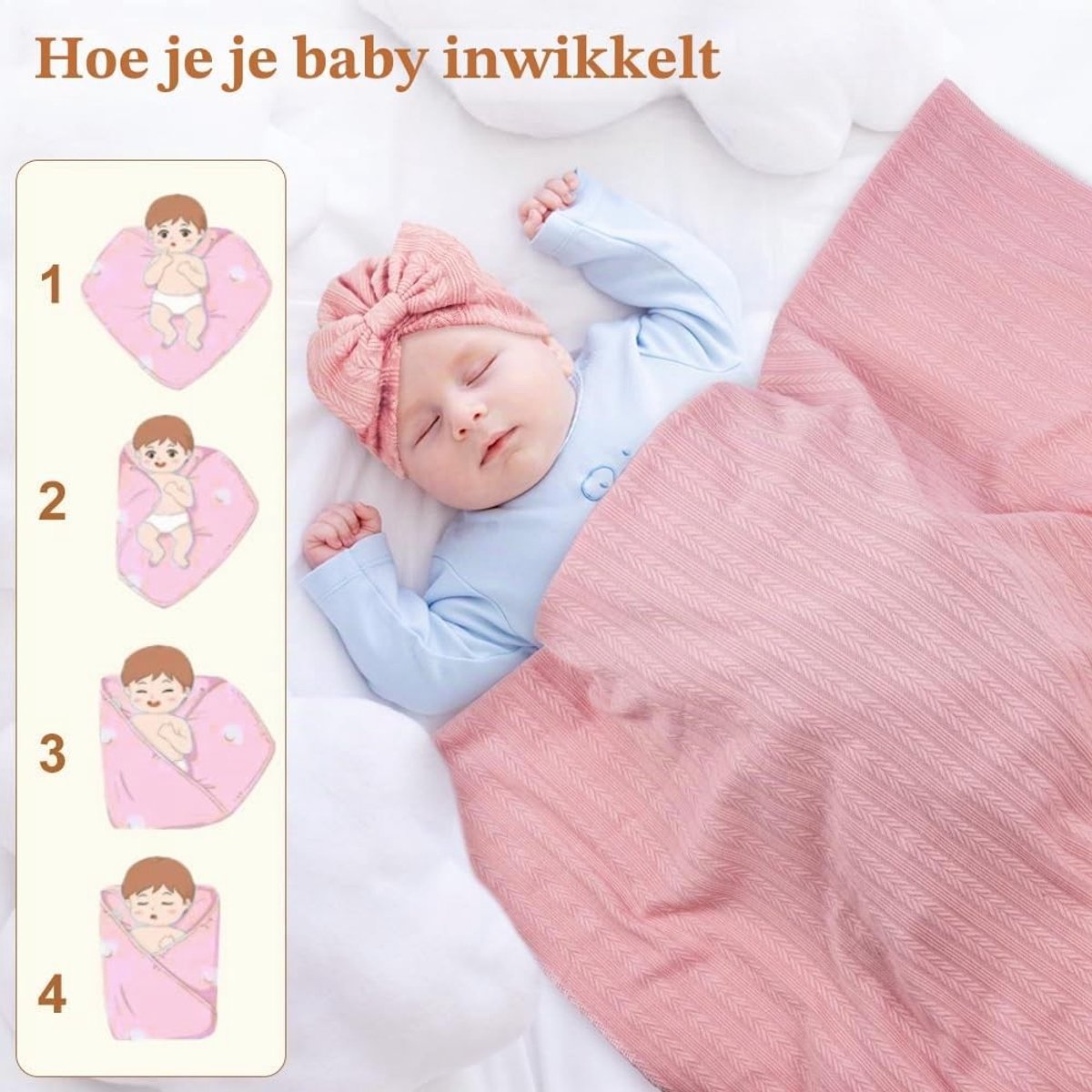 Zachte en Ademende Baby Swaddle Deken van Organisch Katoen met Bijpassende Hoofdband en Strik - Roze voor Pasgeborenen