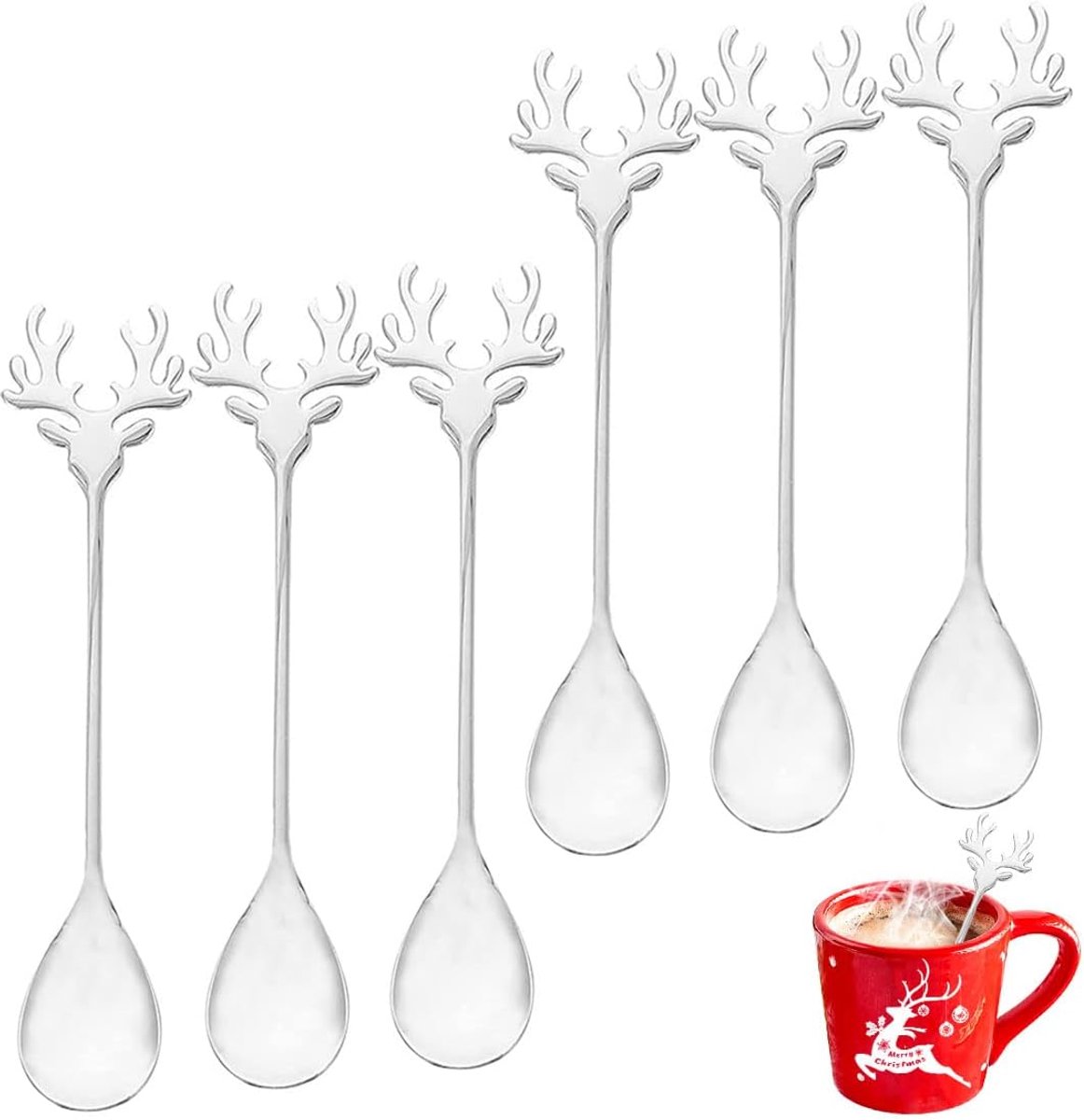 6-delig kerstlepelset, roestvrijstalen eland lepels – voor dessert, koffie, thee, soep & suiker (zilver, kerstroerlepel/theelepel/ijslepel)