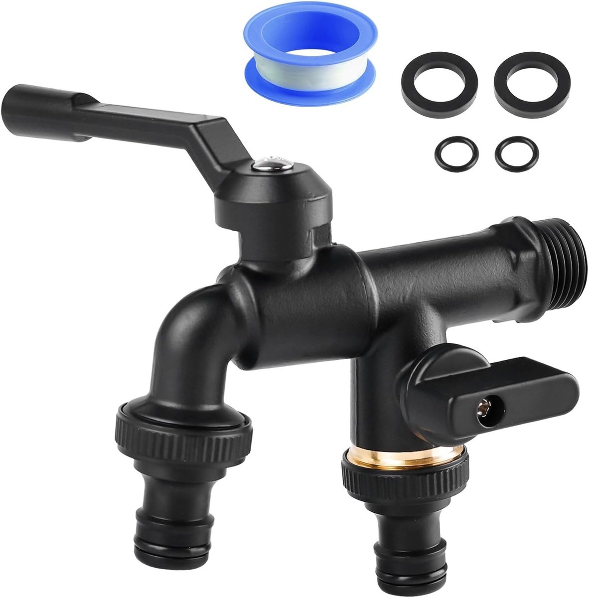 Dubbele Messing Tuinkraan met Vorstbescherming en 2 x 3/4 Inch Aansluitingen voor Buiten, Inclusief Afplaktape voor Tuin en Regenwateropvang