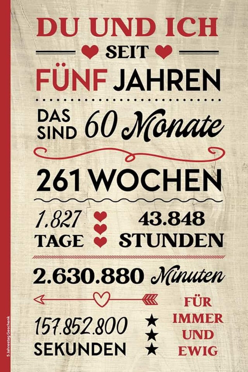 Jahrestag Geschenk: A5 Notizbuch liniert schöne Geschenkidee zum 5. Hochzeitstag DU UND ICH Buch für Notizen und Erinnerungen nach fünf Jahren glücklicher Beziehung Kleinigkeit zum 5 Kennlerntag