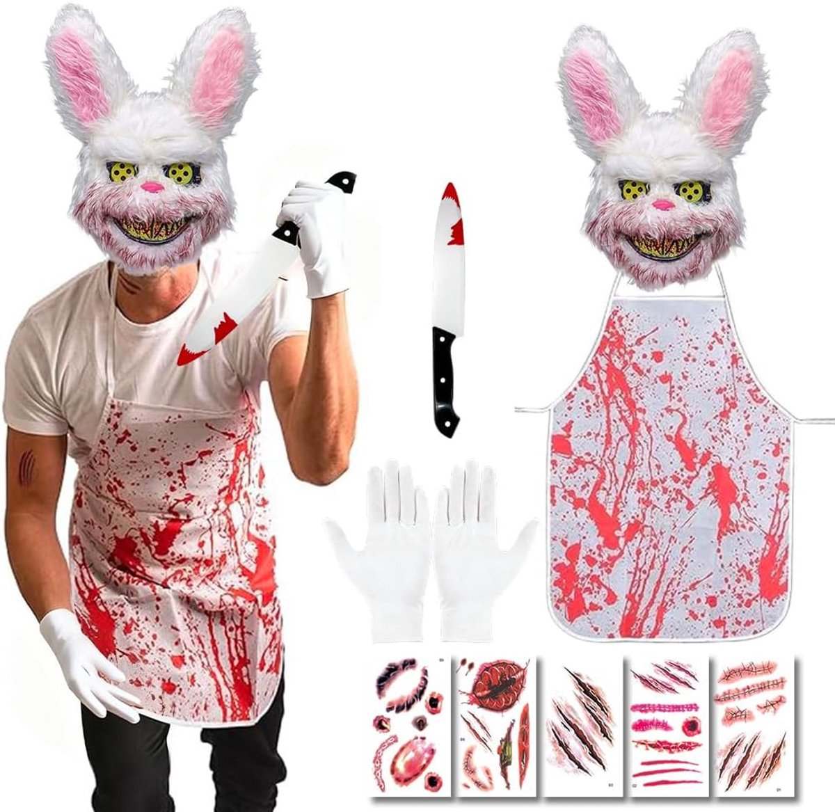 Horrorkonijnenkostuum, 8-Delig, Halloween-Kostuum voor Heren Met Bloedig Konijnmasker, Mes, Schort en Littekentatoeages