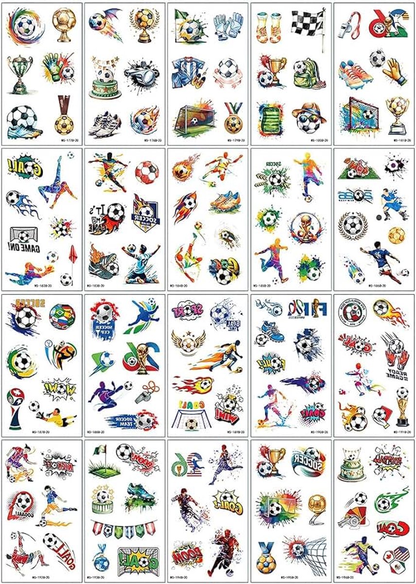 20 vellen voetbaltatoeages voor kinderen, cadeaus voor jongens en meisjes, voetbal uitdeelcadeautjes voor jongens, Wichtelgeschenk kerstcadeaus voor jongens