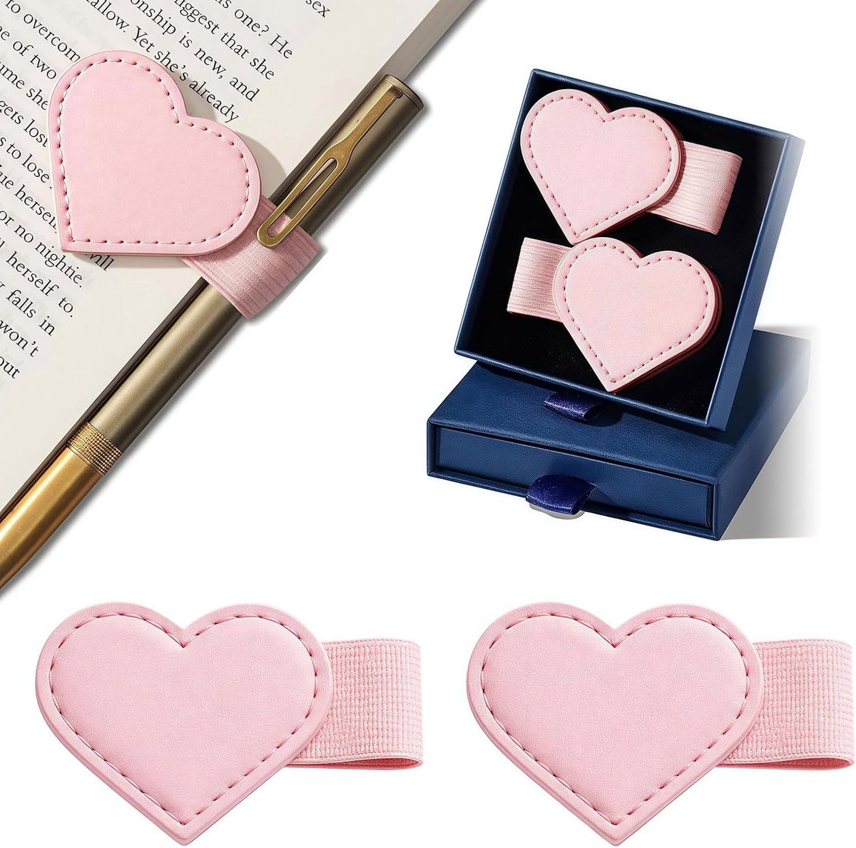 Magnetische Lesezeichen met pennenhouder, hartvormig, roze, set van 2