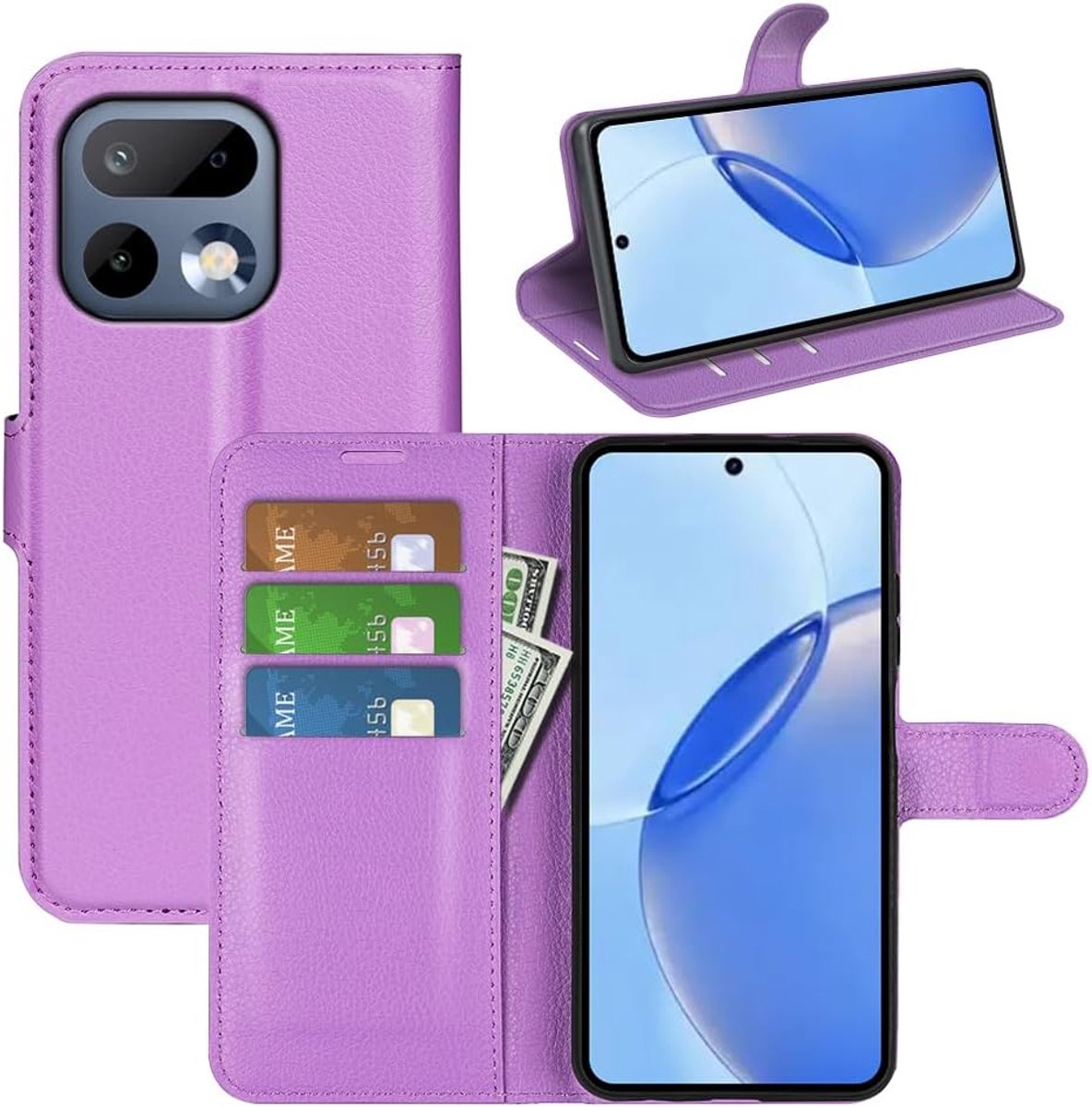 Hoes voor Realme 16 Pro 5G, telefoonhoes van PU-leer, inklapbare beschermhoes, klaphoes met standaard, kaartenvak, magnetische gesp, stootvaste flip cover case, paars