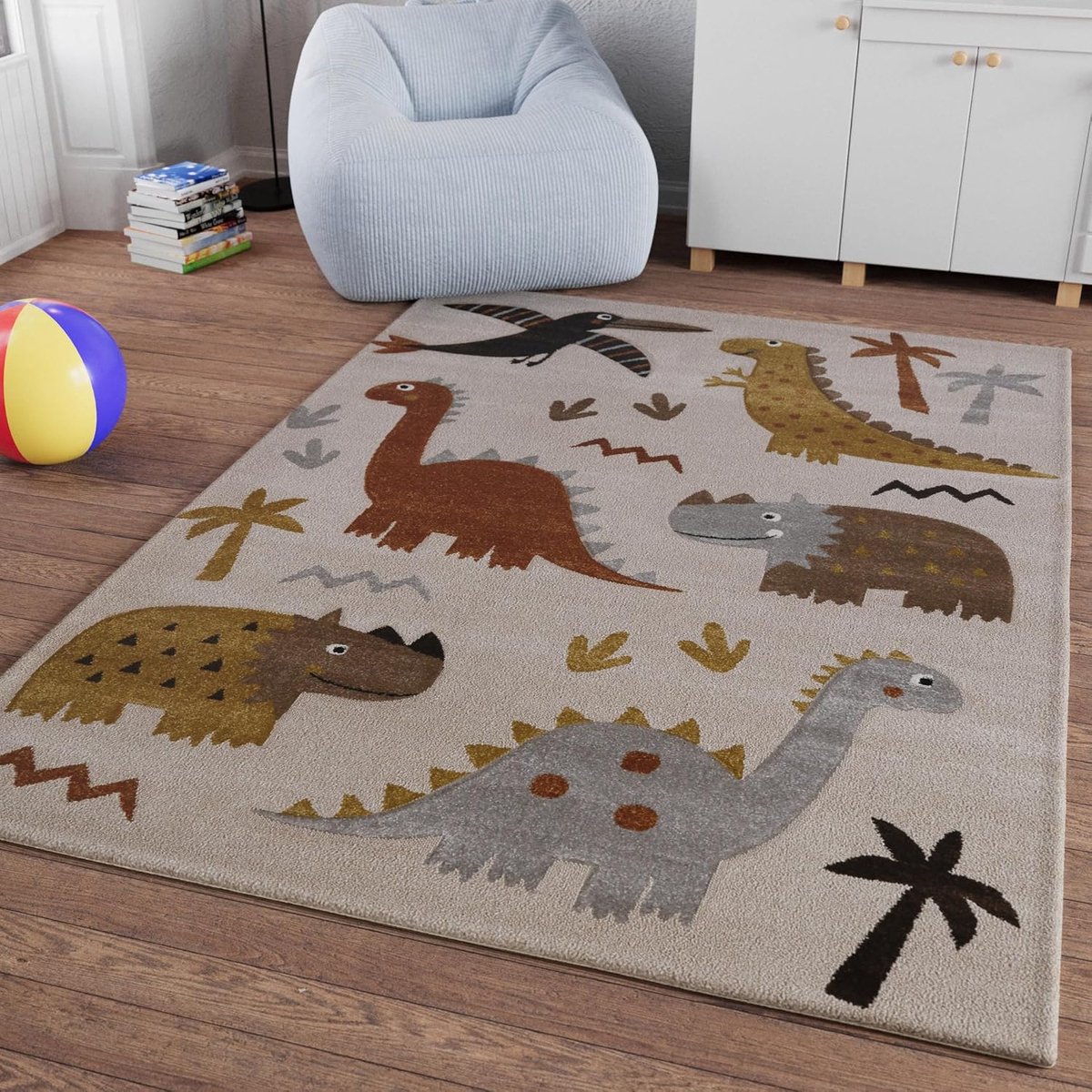 Kids Geweven kindertapijt, spannend avontuur met spannende T-Rex-motieven, T-Rex & Friends, zandbeige gemêleerd