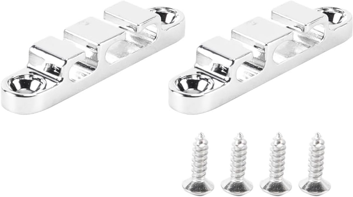 2 stuks zilveren zinklegering snaarbevestiging met schroeven voor 5-snarige elektrische basgitaar. Geschikt voor 4 of 6 bassen. Bevestigt 3 snaren.